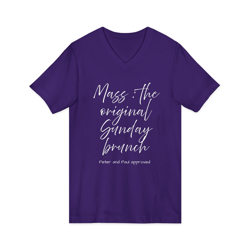 V‑Neck Tee — "Mass the Original Sunday Brunch" Casual Script Shirt