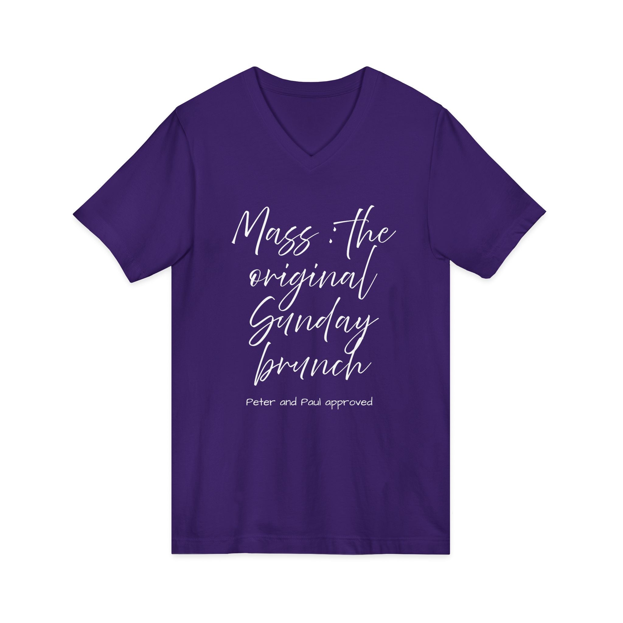 V‑Neck Tee — "Mass the Original Sunday Brunch" Casual Script Shirt