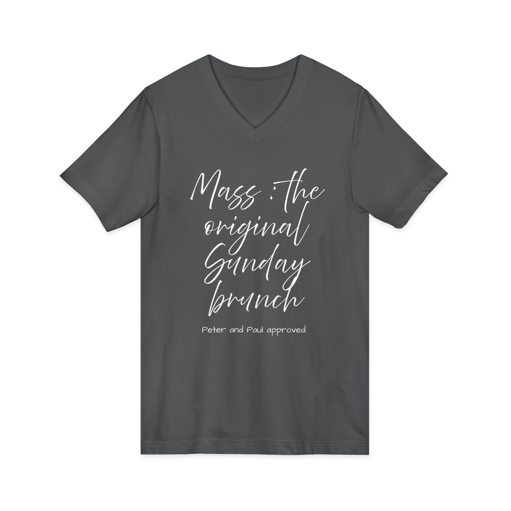V‑Neck Tee — "Mass the Original Sunday Brunch" Casual Script Shirt