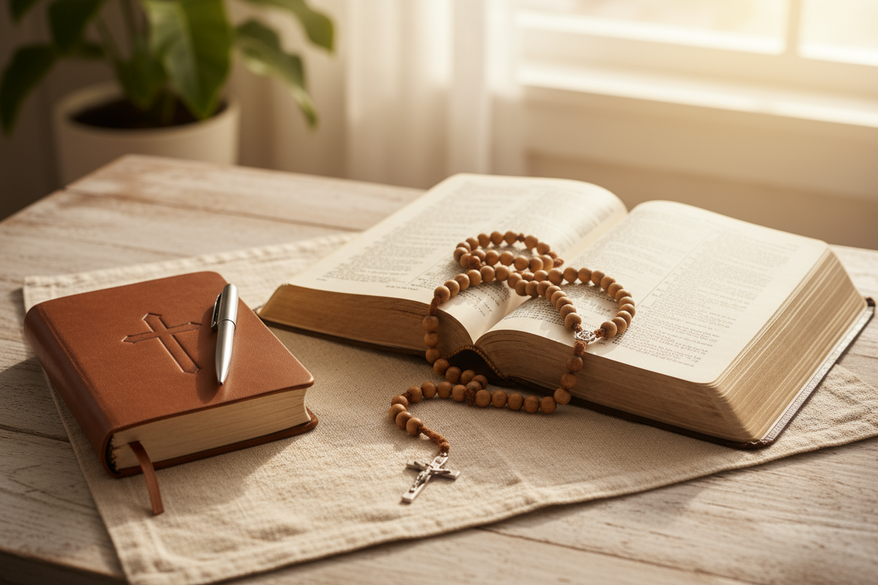 An image that has a Bible open with a rosary and journal 